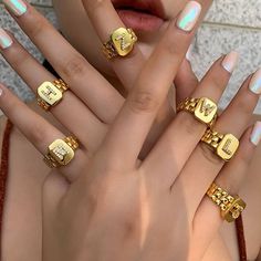 Hip Hop Accessories, Gold Initial Ring, Index Finger Rings, Letter Ring, Initial Ring, Bohemian Rings, Gold Initial, Cz Ring, Fashion Ring