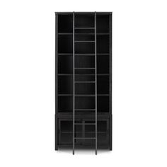 a black bookcase with three shelves and two doors on one side, in front of a white background