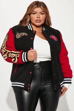 Available In Black/Red. Rib Contrast Pockets Snap Button Front Lined Wool Front, Back, And Sleeve Applique Oversized Fit Disclaimer : Embroidery Placement Will Vary Self: 93% Polyester 5% Rayon 2% Elastane Lining: 100% Polyester Imported | 49ers Letterman Jacket in Black/Red size Large by Fashion Nova 49ers Jacket, Eagles Jacket, Grey Jacket Women, Football Jackets, Womens Puffer Vest, Letterman Jacket, Team Apparel, Graphic Tees Women, Red Fashion