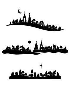 three silhouettes of houses and trees on a hill