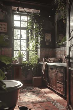 an old fashioned bathroom with potted plants in the window sill and tiled floor