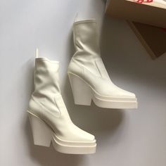 New ! Size 39 Fabric: Faux Leather Angular Wedge Heel And Square Toe Fleece Lining Pull Tabs Made In Italy Gia Borghini Texan Ankle Boots Ivory White Italy 39 Nib $525 Ivory White Color, Gia Borghini, Ankle Flats, Flat Boots, Ivory White, Lace Up Boots, Wedge Heels, Black Boots, Leather Women