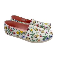 Toms Womens Alpargata Autumn Floral Slip On Flats Casual - White White With Multicolor Floral Print Ortholite Comfort Foam Insoles Size 9 Brand New With Tags In Original Box Comfortable White Slip-on Flats, Summer Canvas Shoes With Flat Heel, Summer Fabric Canvas Shoes With Flat Heel, Spring Closed Toe Canvas Shoes, Spring Flat Canvas Shoes With Cushioned Footbed, Spring Closed Toe Textile Canvas Shoes, White Slip-on Canvas Shoes For Summer, Spring Canvas Shoes, Casual Flat Heel Canvas Shoes For Spring