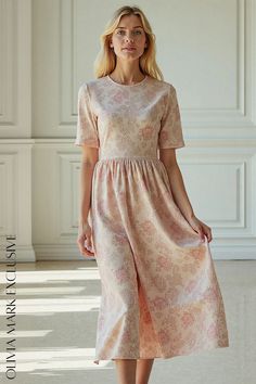 Olivia Mark - Elegant Blooms Midi Dress - Pastel Floral Elegance Pink Stretch Maxi Dress With Floral Print, Elegant Peach Floral Print Midi Dress, Elegant Peach Midi Dress With Floral Print, Pink Midi Dress With Fitted Waist, Pink Dress With Fitted Waist And Short Sleeves, Pink Fitted Waist Summer Dress, Pink Non-stretch Dress With Short Sleeves, Elegant Peach Daywear Dress, Elegant Peach Dress For Daywear