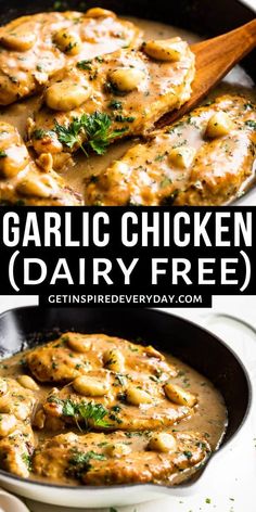 garlic chicken dairy free in a skillet with a wooden spoon