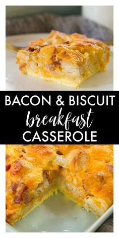 bacon and biscuit breakfast casserole on a white plate with text overlay