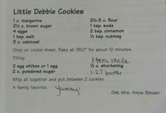 the recipe for little debble cookies is written on a piece of paper