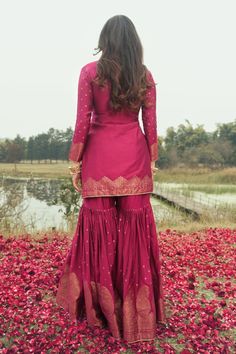 Magenta vegan silk peplum kurta with paisley motifs weaving pattern. Comes with sharara and a dupatta. - Aza Fashions Kurta Sharara Set, Paisley Motifs, Kurta Sharara, Sharara Set, Weaving Patterns, Set For Women, Aza Fashion, Three Quarter, Types Of Sleeves