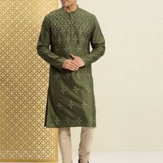 Long Sleeve Cotton Bandhgala For Eid, Straight Kurta With Intricate Embroidery, Eid Cotton Kurta With Naqshi Embroidery, Cotton Bollywood Bandhgala With Long Sleeves, Eid Cotton Bollywood Bandhgala, Eid Bollywood Cotton Bandhgala, Traditional Long Sleeve Kurta With Naqshi, Long Sleeve Kurta With Naqshi For Eid, Festive Long Sleeve Kurta With Naqshi Detail