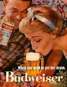 an advertisement for budweiser beer with a man and woman drinking from mugs