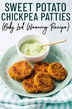 sweet potato chickpea patties on a plate with dipping sauce