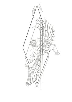 a drawing of a bird with wings on it's back and an arrow in the middle