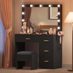 a vanity with lights on it and a stool in front of the mirror next to it