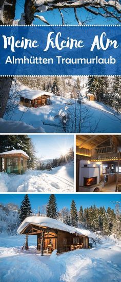 the front and back cover of a house in the snow with trees on both sides