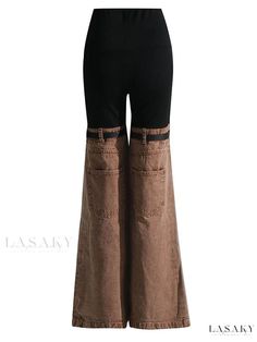 Women's Wide-Leg Denim Pants in Mansi Style Baggy Full Length Jeans For Fall, High-waisted Brown Jeans With Pockets, Baggy Mid-rise Flare Jeans For Fall, Baggy Mid-rise Jeans For Fall, Baggy Mid-rise Fall Jeans, Baggy Brown Straight Leg Bottoms, Brown Cotton High-waisted Jeans, Brown Baggy Straight Leg Bottoms, High Rise Brown Denim Flare Jeans