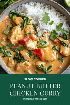 slow cooker peanut butter chicken curry in a bowl with rice and cilantro