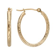 Featuring diamond-cut details, these 10k gold oval hoop earrings are positively divine.Earring Details: Length: .74-in. Backings: click-it Metal: 10k gold Length: 19mm Width: 15mm Tube thickness: 1.5mm Size: One Size. Color: Yellow. Gender: female. Age Group: adult. Oval Diamond Cut Hoop Earrings For Formal Occasions, Oval 14k Gold Hypoallergenic Hoop Earrings, Oval 14k Gold Hoop Earrings For Anniversary, Formal Hypoallergenic Oval Hoop Earrings, Gift 14k Stamped Oval Hoop Earrings, Anniversary Hypoallergenic Oval Hoop Earrings, Hypoallergenic Oval Hoop Earrings For Anniversary, Gold Texture, 10k Gold