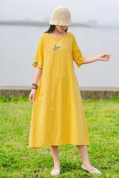 Casual Half Sleeve Solid Color Dress, Yellow Solid Color Sundress, Spring Cotton Midi Dress With Floral Embroidery, Cotton Shift Dress With Maxi Length, Yellow Solid Color Maxi Dress For Spring, Casual Midi Dress With Floral Embroidery For Spring, Casual A-line Midi Dress With Floral Embroidery, Knee-length Sundress In Solid Color, Solid Color Knee-length Sundress