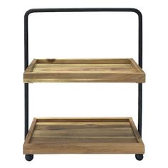 two tiered wooden trays with black metal handles and wheels on each side, one is