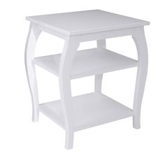 a white end table with two shelves on each side and one shelf below the top