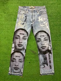 ad eBay - Find many great new & used options and get the best deals for SAde Adu custom made hand painted vintage Levi 505 denim jeans sz. 32 x 32 at the best online prices at eBay! Free shipping for many products! Grunge Graphic Print Jeans For Streetwear, Levi's Streetwear Bottoms With Five Pockets, Edgy Graphic Print Jeans For Streetwear, Edgy Straight Leg Jeans With Graphic Print, Medium Wash Grunge Pants For Streetwear, Y2k Style Fitted Jeans For Streetwear, Medium Wash Straight Leg Bottoms With Graphic Print, Urban Jeans With Graphic Print On Denim, Medium Wash Straight Leg Jeans With Graphic Print