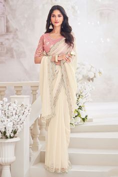 Pure Chiffon Sarees, Fine Embroidery, White Saree, Pure Chiffon