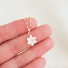 Daisy Necklace | Simple & Dainty Delicate Flower Charm Necklaces For Everyday, Everyday Delicate Flower Charm Necklaces, Everyday Delicate Flower Charm Necklace, White Dainty Hypoallergenic Charm Necklace, Dainty White Hypoallergenic Charm Necklace, Dainty Handmade Necklace For Best Friend, Dainty White Necklace For Best Friend Gift, Dainty White Jewelry As Gift For Mom, Trendy Flower Necklace As A Gift