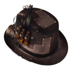 Put the perfect finishing touch on your outfit with the Victorian Steampunk Hats. Steampunk hat par excellence, this magnificent piece will bring to your outfit a refinement and an indescribable class. Its many small details such as the 3 potion vials will make you a true steampunk inventor. A high quality hat. Be comfortable: enjoy high-quality materials For events: Steampunk, Gothic, Victorian ⚙️ Ultra-original hat: Vials of potions, goggles, cogs and feathers Vintage Steampunk Style: unique d Steampunk Top Hat With Curved Brim For Costume, Victorian Adjustable Top Hat With High Crown, Steampunk Top Hat With Short Brim For Costume Party, Steampunk Top Hat With Short Brim For Costume, Vintage Top Hat With Curved Brim For Costume Party, Vintage Curved Brim Top Hat For Costume Party, Steampunk Top Hat With High Crown For Themed Events, Steampunk Mini Hat With Curved Brim For Festivals, Steampunk High Crown Hat Band For Festivals