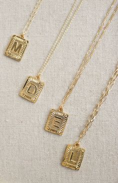 "Beautiful Initial gold square necklace perfect for any woman and is made with gold plated 14k. Simple enough for everyday wear and looks great stacked and layered. Also makes great gifts for bridal parties, birthdays, graduation or any special event! D E T A I L S: * Gold Plated 14K Chain * Letters Pendant: 24mm * 16mm aprox M A T E R I A L S: * Gold Plated 14K SIZE - Length = the open necklace laid straight & measured end to end without the extension. - This necklace comes in 16\" and we c Letter Gold Pendant Necklace, Gold Square Initial Necklace, C Pendant Necklace, M Initial Necklace Aesthetic, Initial D Necklace, Gold Square Necklace, Initial Necklace Gold Letters Pendants, I Necklace Initial, Gold Necklace With Initials