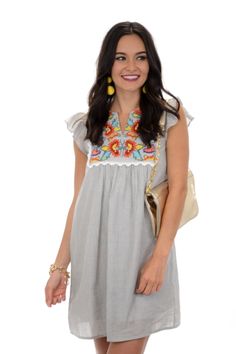 Cute Summer Embroidered Cotton Dress, Summer Cotton Dress With Embroidered Neckline, Cute Summer Dress With Floral Embroidery, Embroidered Short Sleeve Dress For Day Out, Cute Embroidered Summer Dresses, Spring Multicolor Embroidered Dress With Neckline Detail, Cute Multicolor Embroidered Spring Dress, Cute Multicolor Embroidery Spring Dresses, Cute Butterfly Sleeve Beach Dress