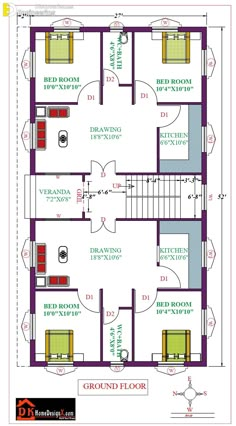 the floor plan for a two story house with three bedroom and an attached kitchen area