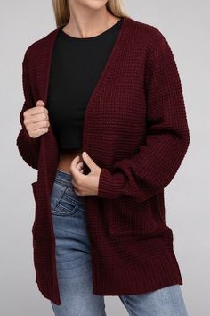 Waffle Open Cardigan Sweater -  - ZENANA - MOD&SOUL Dark Red Cardigan, Classic Cardigan, Red Cardigan, Open Cardigan Sweater, Open Knit Cardigan, Open Cardigan, Open Front Cardigan, China Fashion, Charcoal Color