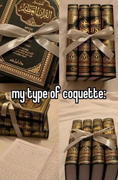 four different pictures of books wrapped in satin ribbons and tied together with the words, my type of coquette