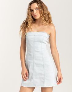 Rsq Tube Denim Dress. Featuring A Tube Design With A Strapless Neckline, This Dress Boasts A Sleek And Minimalist Silhouette That Accentuates Your Figure. Zipper Closure At Back. Frayed Trim. Light Wash. Approx. Length: 25''. 70% Cotton, 23% Polyester, 6% Rayon, 1% Spandex. Machine Wash. Imported. Model Is Wearing A Size Small. Model Measurements:height: 5'7" Bust: 29"waist: 22"hips: 34.5" Strapless Medium Wash Cotton Mini Dress, Strapless Cotton Mini Dress In Medium Wash, Medium Wash Strapless Summer Dress, Medium Wash Strapless Mini Dress For Spring, Fitted Casual Cotton Strapless Dress, Fitted Cotton Strapless Casual Dress, Casual Fitted Cotton Strapless Dress, Spring Strapless Medium Wash Mini Dress, Denim Strapless Dress For Summer