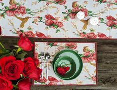 placemat, table runner, spring, summer, floral, kitchen, dining room, red roses, birds, tapestry, dining, dining table Cottage Traditional, Easter Kitchen, Floral Placemats, Toile Pattern, Ivory Background, Kitchen Table Decor, Chic Cottage