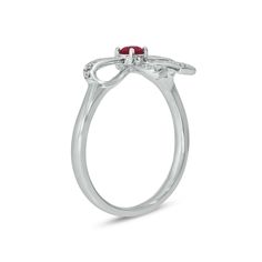 Give your look a sweet touch with this lab-created ruby and diamond bow ring. Sterling silver The sculpted bow shimmers with diamond-touched and polished ribbons A red lab-created ruby glistens at the center Polished shank 1/10 ct. t.w. of diamonds Diamond Butterfly Ring With Gemstone For Formal Occasions, Formal Diamond Butterfly Ring With Gemstone, Diamond Ring With Bow For Gift, White Gold Bow Rings For Anniversary, Elegant Diamond Rings With Bow Detail, White Gold Bow Rings For Wedding, Formal Bow Jewelry For Valentine's Day, Valentine's Day Formal Bow Jewelry, Elegant Red Jewelry With Bow