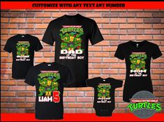 three t - shirts with the words happy birthday to you and two turtles on them