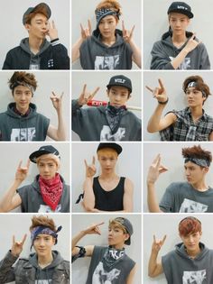 many pictures of the same person making peace signs with their hands in different positions and wearing bandannas