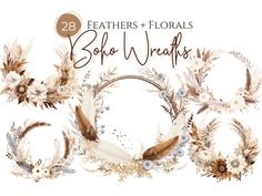 feathers and florals boho wreaths clipart for commercial use in graphic design