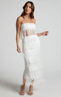 Amalee Fringe Strapless Crop Top and Midi Skirt Two Piece Set in White | Showpo USA White Co Ord Set, Hens Weekend, Abba Outfits, Crop Top And Midi Skirt, Crop Top Blanco, 1920s Theme, Bachelorette Inspo, Art Disco, Midaxi Skirt