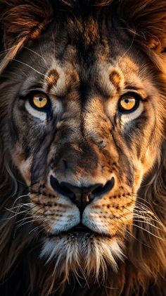 a close up of a lion's face with yellow eyes and long manes