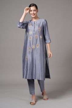 Steel grey kurta with placement floral embroidery. Paired with a pant. - Aza Fashions Designer Silk Pant Set With Straight Kurta, Elegant Pant Set With Floral Embroidery And Straight Kurta, Embroidered Salwar Kameez With Straight Pants For Eid, Elegant Embroidered Salwar Kameez With Straight Pants, Silk Pant Set With Straight Kurta And Floral Embroidery, Silk Pant Set With Floral Embroidery And Straight Kurta, Silk Pant Set With Floral Embroidery, Elegant Floral Embroidered Pant Set For Diwali, Diwali Embroidered Straight Kurta Set