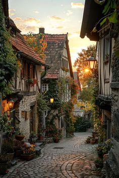 an old cobblestone street with flowers growing on the buildings and lights in the windows