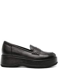 black calf leather penny slot round toe slip-on style branded leather insole rubber sole Black Slip-on Loafers With Contrast Sole, Black Slip-on Calf Leather Loafers, Black Slip-on Loafers With Textured Sole, Black Slip-on Platform Loafers With Removable Insole, Black Slip-on Loafers With Perforated Toe Box, Kurt Geiger Heels, Sneaker Wedge, Paloma, Online Bags