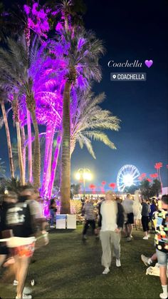 people are walking around in the park at night with palm trees and ferris wheel behind them