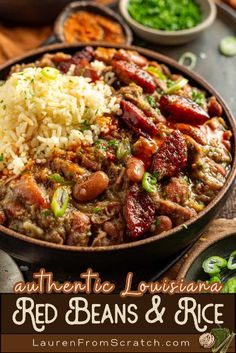 red beans and rice in a skillet on a table