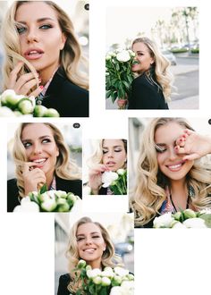 a woman holding flowers in her hand and making a funny face while posing for the camera