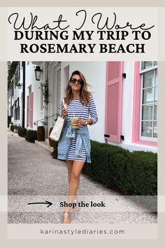 a woman walking down the street with text overlaying what i wore during my trip to rosemary beach