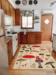 a kitchen area rug with mushrooms on it