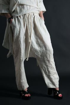 Harem Linen Pants with elastic waist and tie rope. Wide Leg Linen Pants, the perfect addition to any woman's wardrobe!  These Linen Harem Pants offer a comfortable and stylish option for those seeking a relaxed and effortlessly chic look. Crafted from high-quality linen fabric, our Women's Linen Pants are designed to provide optimal breathability and a lightweight feel, making them ideal for warmer seasons or tropical getaways. Handmade with care in a Pet-free and Smoke-free environment. SIZE & Wide Linen Pants, Natural Linen Pants, Wide Legs Pants, Loose Linen Pants, Summer Linen Pants, Linen Harem Pants, Pants Linen, Drop Crotch Pants, Summer Linen